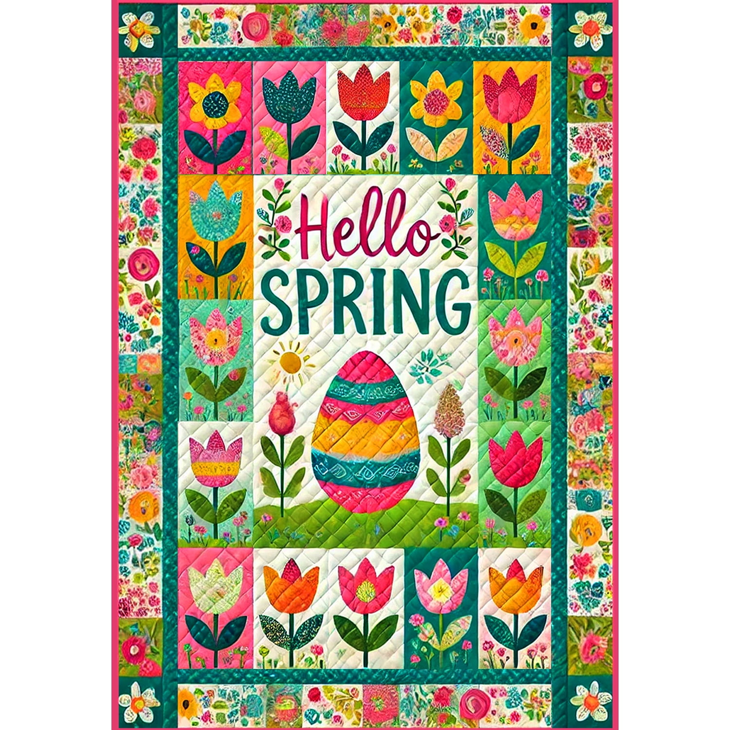 America Forever Hello Spring Patchwork House Flag, 28 x 40 inch Double Sided, Quilted Patterns Flowers Yard Flags, Easter Egg Banner, Spring Seasonal Outdoor Easter Day Decorations for Lawn