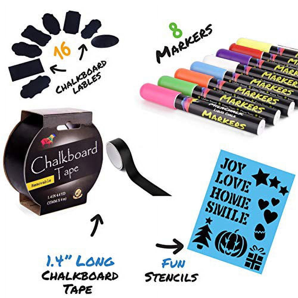 Vaci Markers- Pack of 8 Chalk Markers, Chalkboard Tape, 16 Labels, &  Stencils