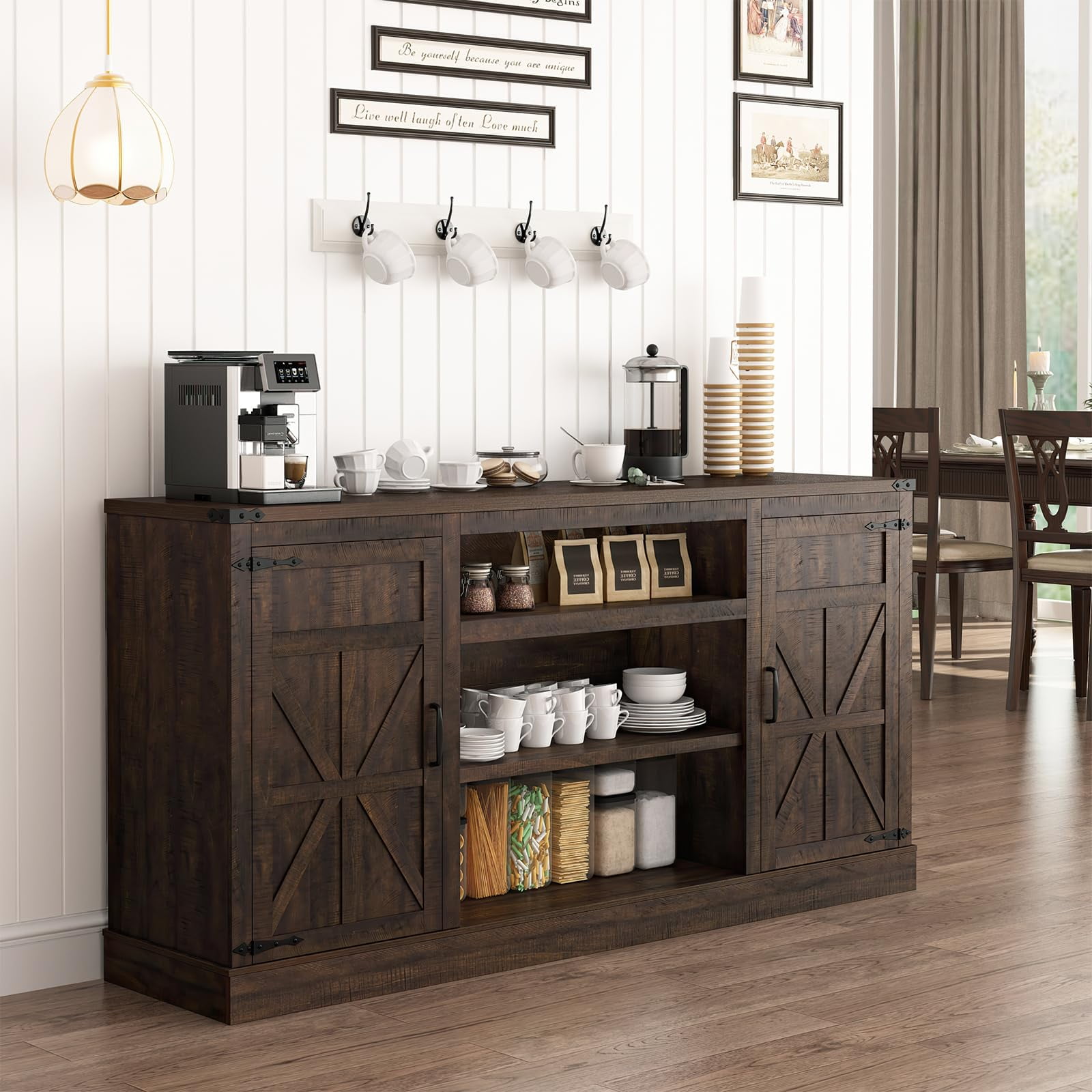 ChVans Farmhouse TV Stand for 65" 70" up 75" TVs with Power Outlet, 33" Tall TV Stand Entertainment Center with Storage, Brown TV Consoles for Living room Bedroom