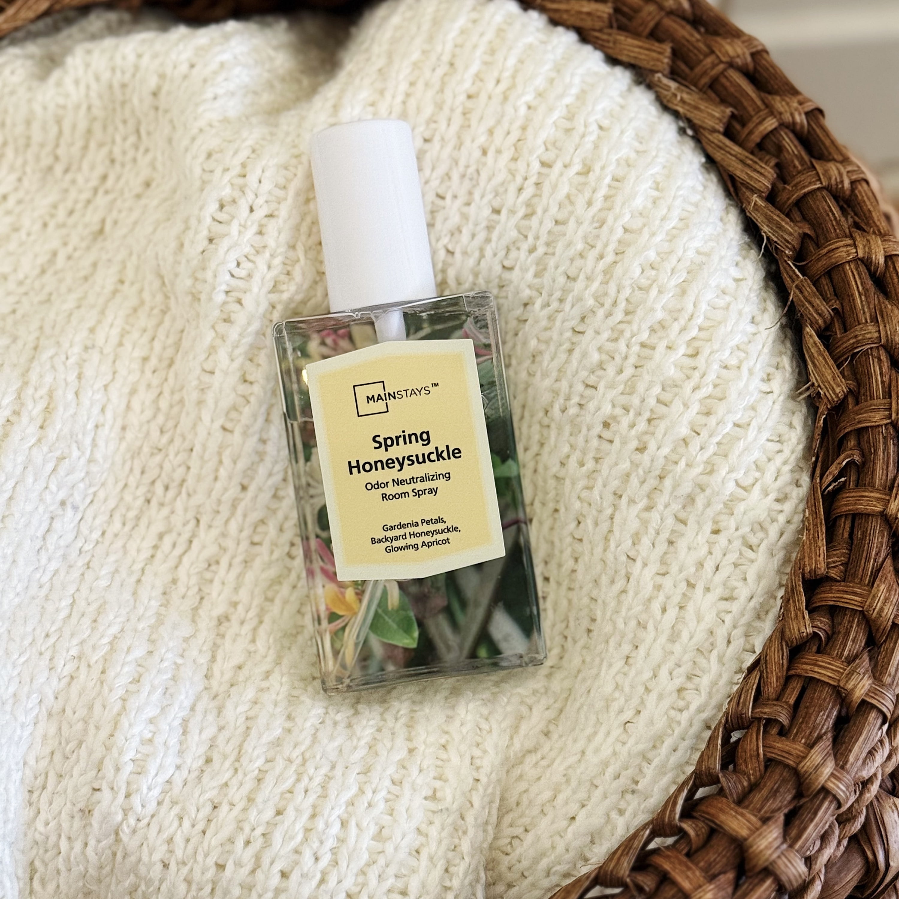 Mainstays Spring Honeysuckle Scented Room & Linen Spray 3.4 fl oz (100mL).