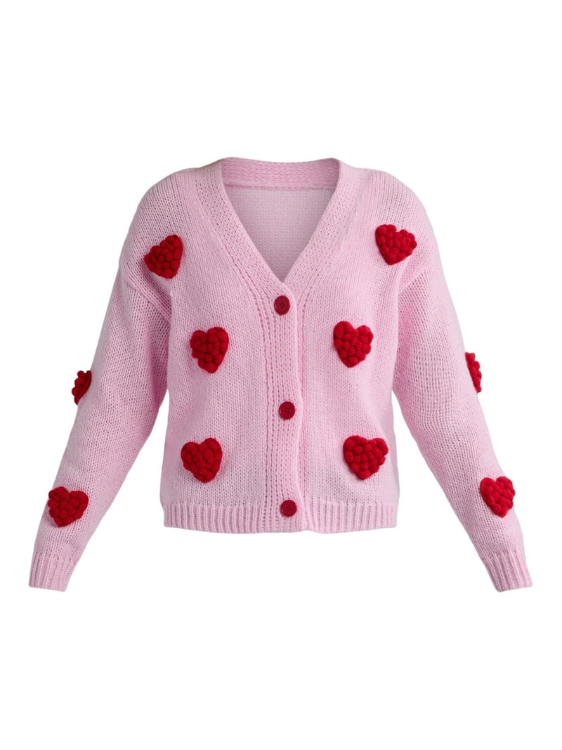 99 Jane Street Women's Pom Pom Hearts Cardigan Sweater, Midweight
