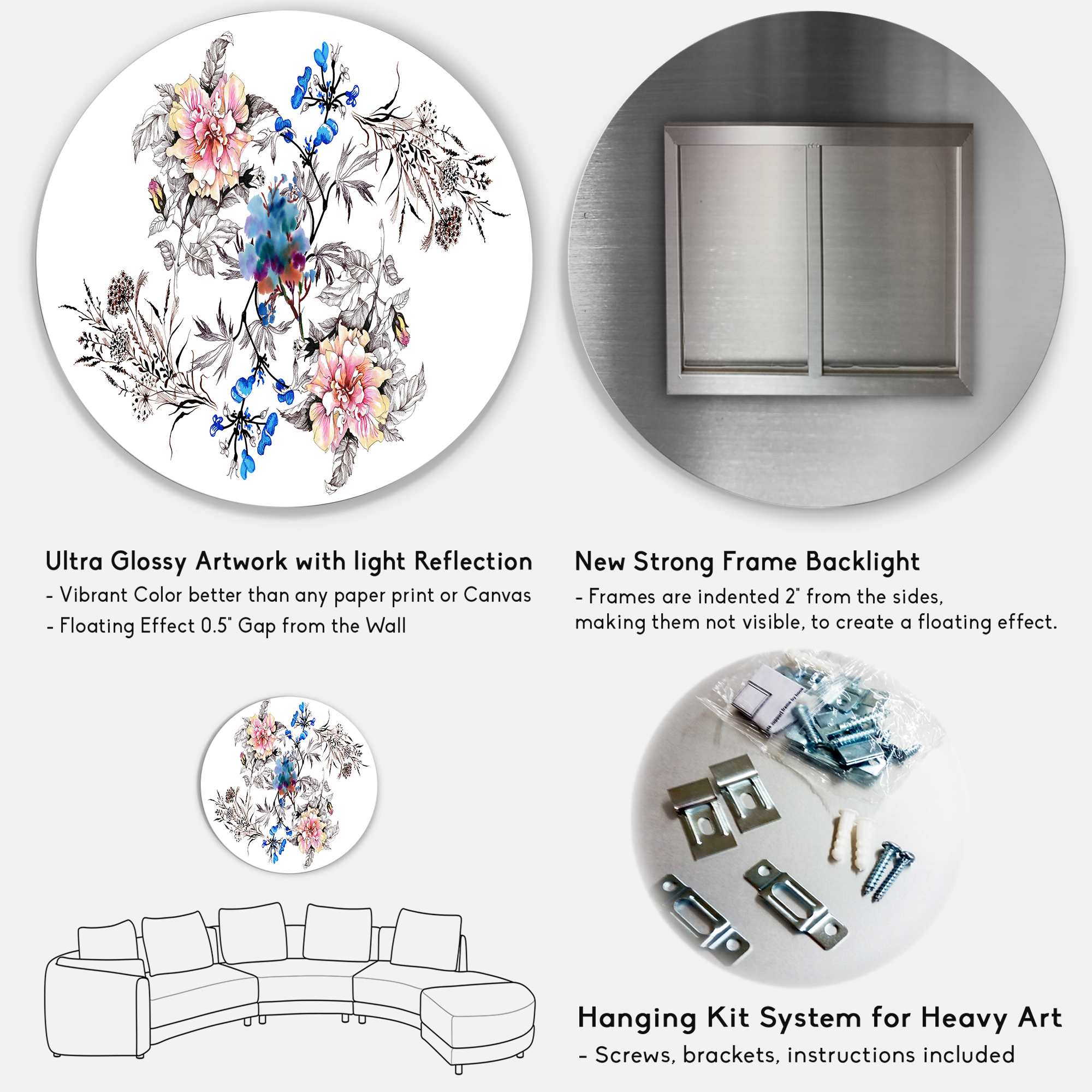Designart 'Pink and Blue Wildflowers' Traditional Circle Metal Wall Art 29x29 - Disc of 29