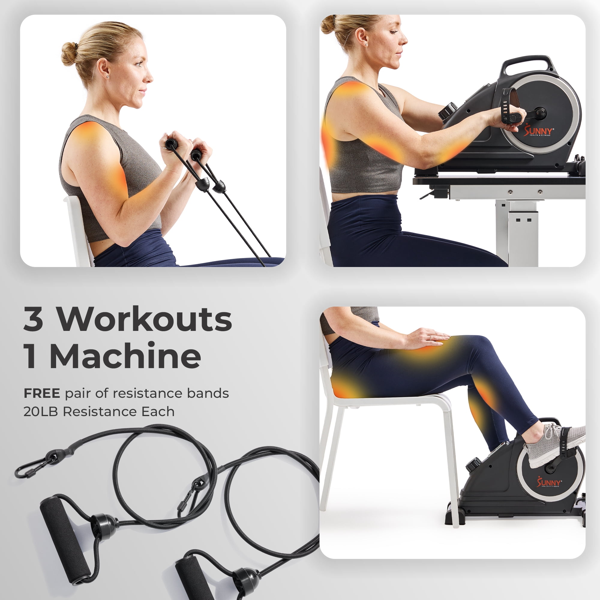 Sunny Health & Fitness Magnetic Compact Under-Desk Mini Pedal Exercise Bike w/Resistance Bands & Free SunnyFit App Connectivity – SF-B020026SMART