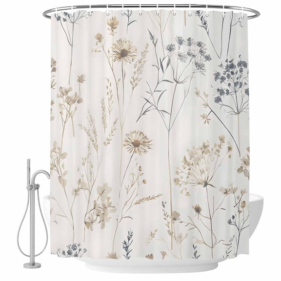 Xipuska Beige Black Botanical Shower Curtain - Water Repellent Fabric Shower Curtains Washable, Watercolor Floral Vintage Decorative Polyester Cloth Bathroom Curtains Modern Bath Decor 72"x72"