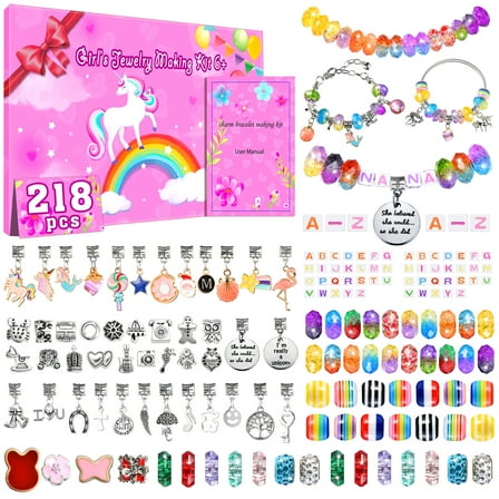 Girls Charm Bracelet Making Kit,Creative Toys Birthday Gifts for Age 5 6 7 8 9 10 11 12 Year Old Girl Children DIY Art Craft Set 218 Pcs Kids Jewelry Supplies Make Set Unicorn Charms Bracelets Kits