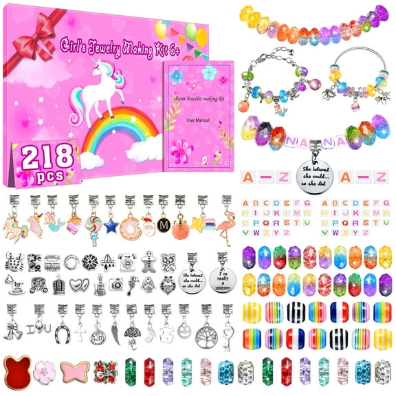 Girls Charm Bracelet Making Kit,Creative Toys Birthday Gifts for Age 5 6 7 8 9 10 11 12 Year Old Girl Children DIY Art Craft Set 218 Pcs Kids Jewelry Supplies Make Set Unicorn Charms Bracelets Kits