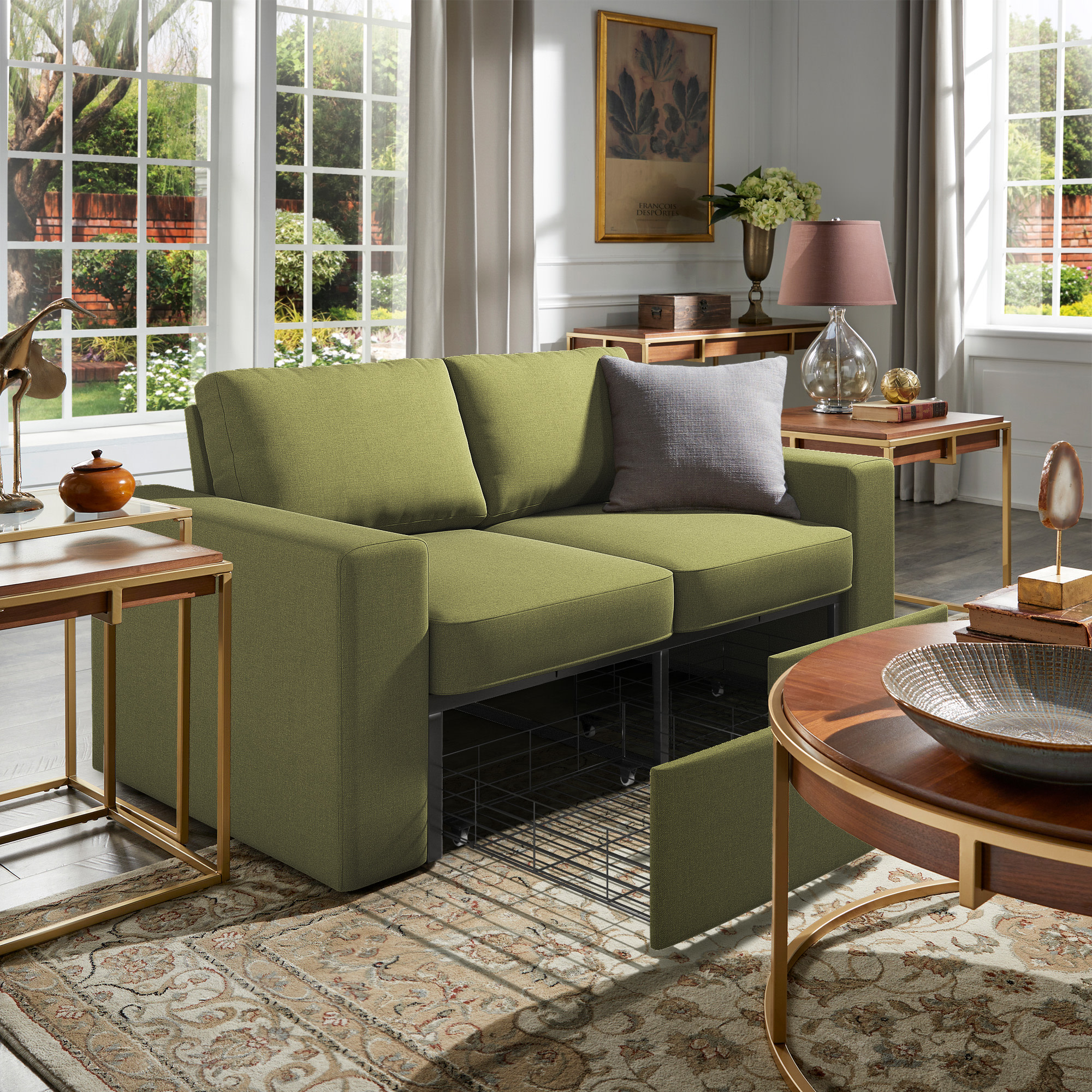 Weston Home Glen Park Upholstered Loveseat with 2 Hidden Metal Wire Storage Drawers, Green
