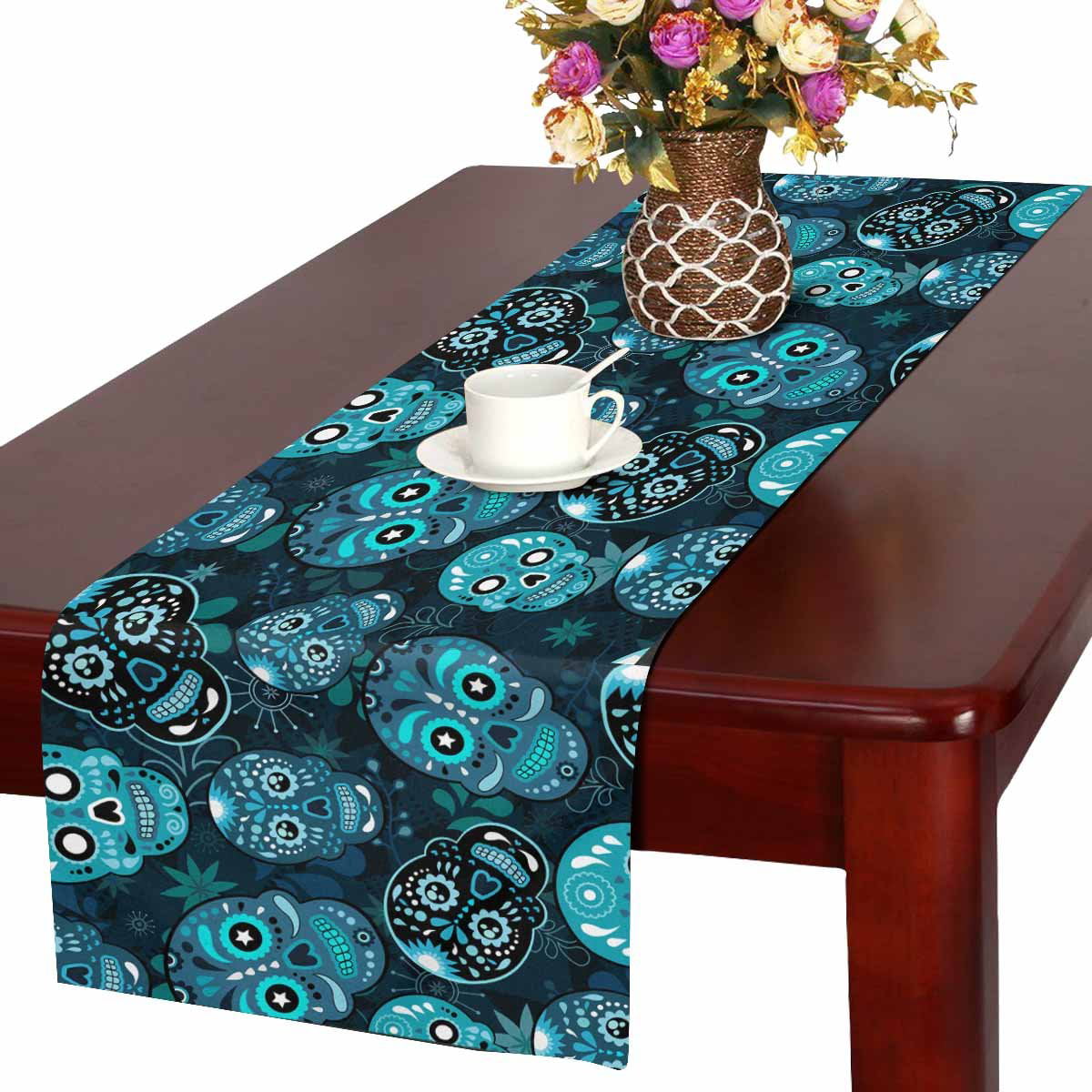 AUUXVA Mexican Flower Leaves Sugar Skull Table Runner Heat Resistant for Home Holiday Party Dining Room Tabletop Decoration 70 inches Long