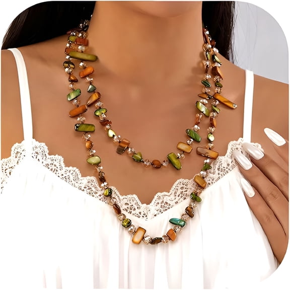 DESIGNICE Colorful Bead Long Necklace for Women Boho Handmade Irregular Natural Shell Jade Glass Beads Vintage Chunky Layered Sweater Chain Accessory Statement Jewelry