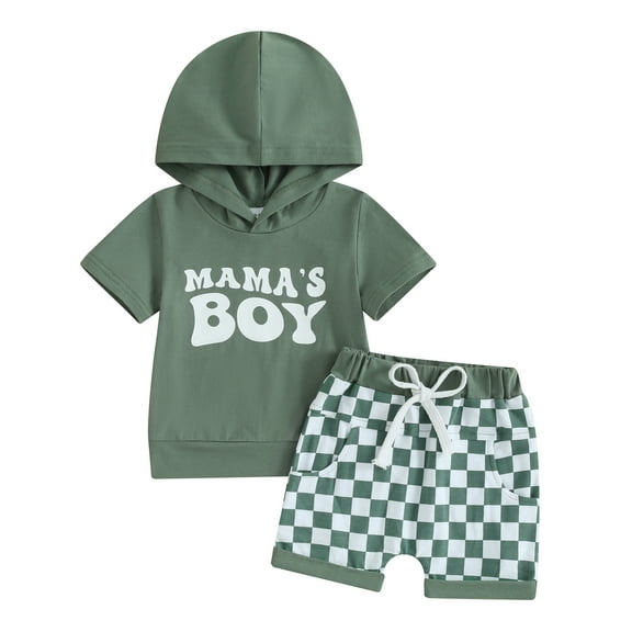 Bagilaanoe 2pcs Toddler Baby Boy Shorts Set Short Sleeve Letter Hoodie Tops   Checkerboard Shorts 6M 12M 18M 24M 3T Kids Casual Summer Clothes