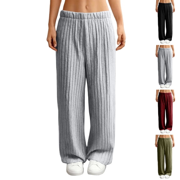 WULMLEO Ribbed Lounge Pants Women with Pockets Baggy Wide Leg Knit Pants Soft Pull On Low Rise Sweater Pant Comfy Casual Pant Light Gray S