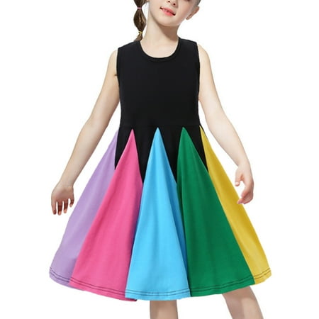 Girls Sleeveless Rainbow Pleated Dress Colorful Patchwork Big Swing Dress  Colorblock Prom Party Birthday Princess Dress | Walmart Canada