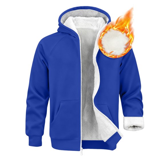 YIFUNIN Men's Casual Warm Jacket, Heavyweight Hooded Fleece Sweatshirt Full Zip, Thick Plush Lined Pullover for Fall Winter Outdoor Sports,Royal Blue,S