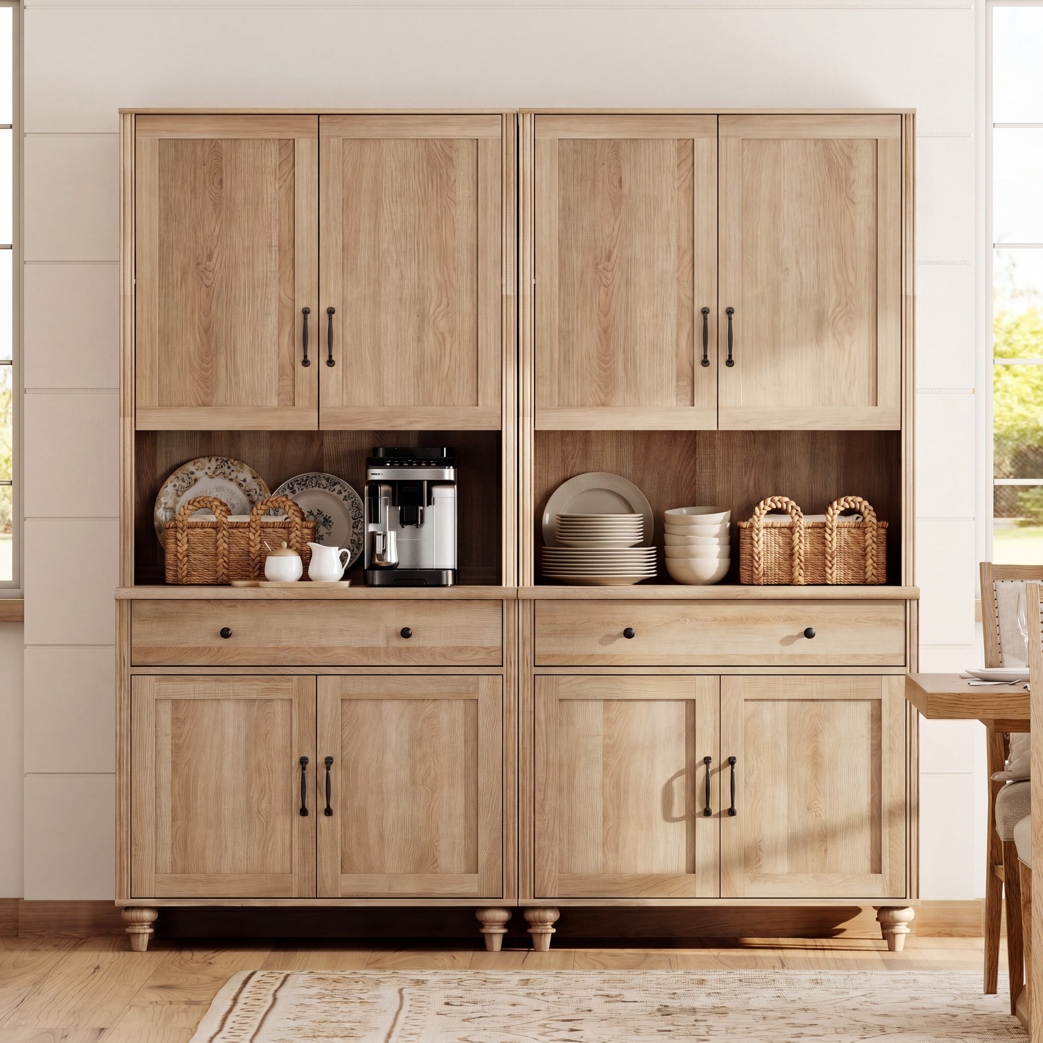 72"H × 68"W Large Farmhouse Wooden Library Bookcase with Ample Storage Cabinet, Freestanding Bookshelf for Living Room, Office & Study Room, Oak