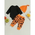 thumbnail image 6 of Newborn Infant Baby Boy My First Halloween Outfit Pumpkin Long Sleeve Romper Pants Hat Fall Halloween 3Pcs Clothes Set, 6 of 8