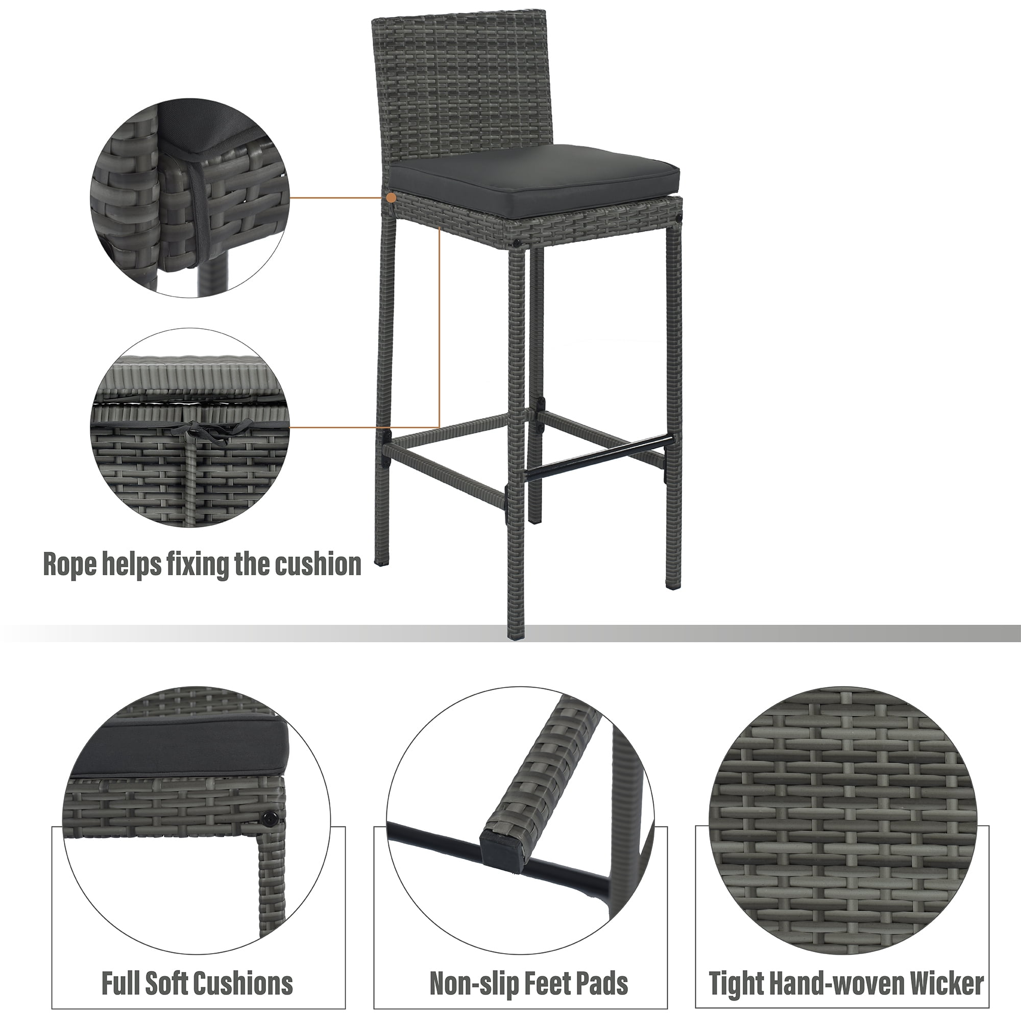 Bar Height 5-Piece Outdoor Patio Wicker Dining Set with 4 Stools and Acacia Wood Table Top, Removable Cushions for Garden Backyard Poolside Deck, Gray and Brown