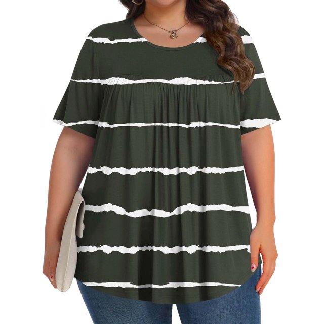 Liquidation d'Économies! Hauts Oversize pour Femmes en Liquidation, Hauts Blouse d'Été à Manches Courtes pour Femmes, Blouse Mode pour Femmes Imprimée Grande Taille à Manches Courtes Unie pour Dames à Col Rond Plissée