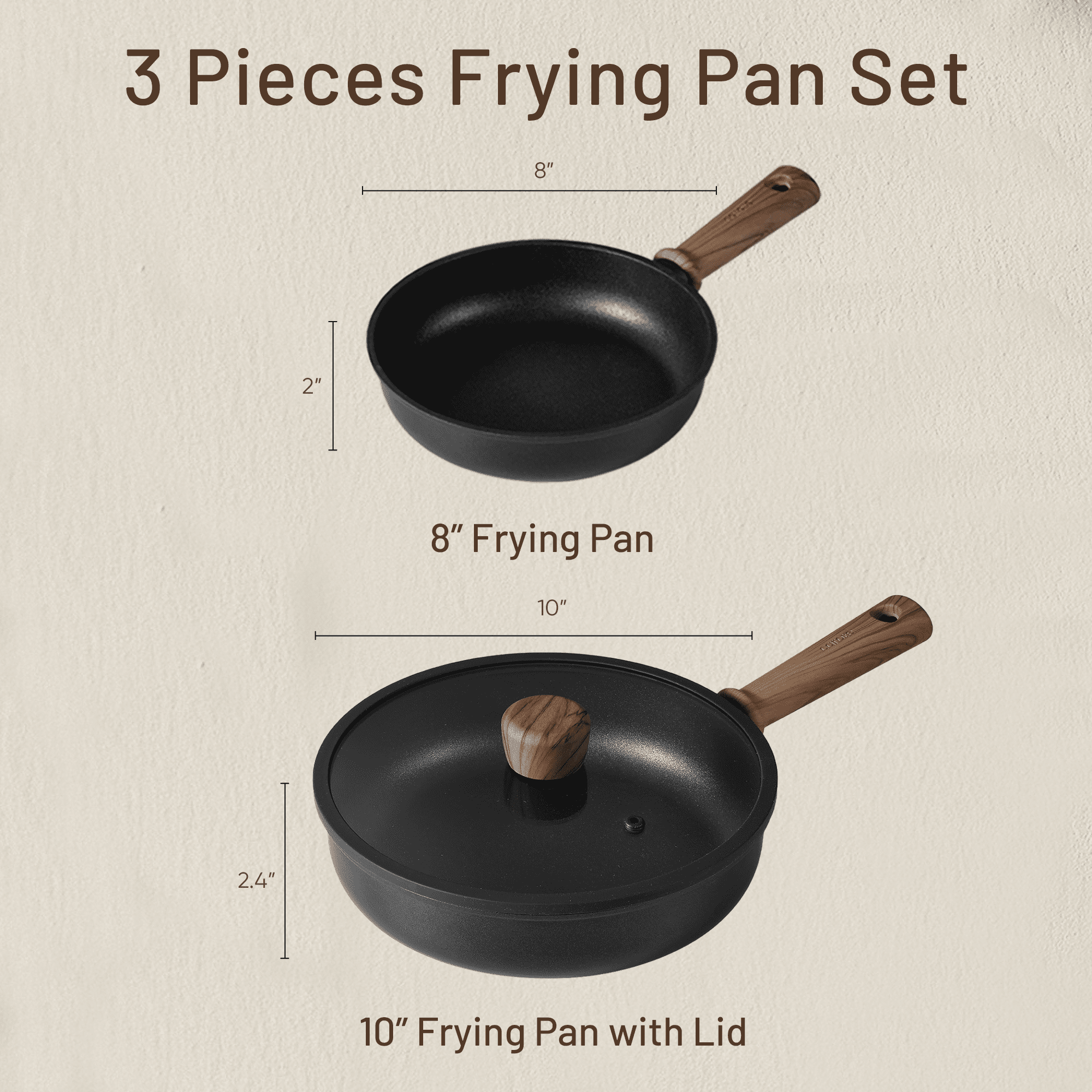Carote 3Pcs Nonstick Frying Pan Set, 8&10" Titanium Omelette Pan Set, Induction Cookware, Chef's Pan