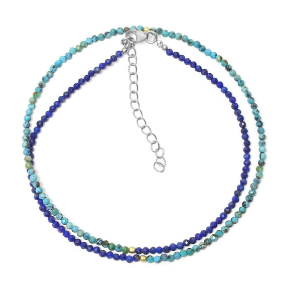 Stunning Lapis Lazuli and Turquoise Minimalist Designer Necklace, 2mm-2.5mm Faceted Round Beads, 925 Sterling Silver Clasp