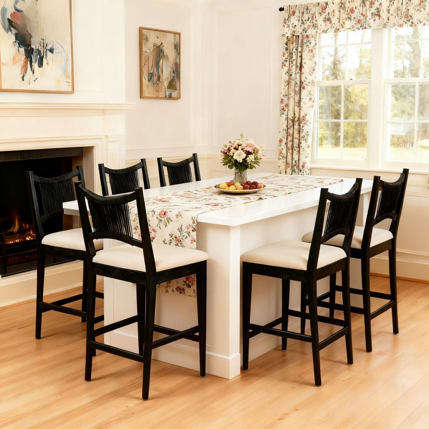 Dayalane Farmhouse Bar Stools Set of 2, 25.5" Counter Height Bar Stools with Paper Cord Woven Back and Solid Wood Frame, Chenille Upholstered Kitchen Island Chairs for Dining Room Home Bar, Black