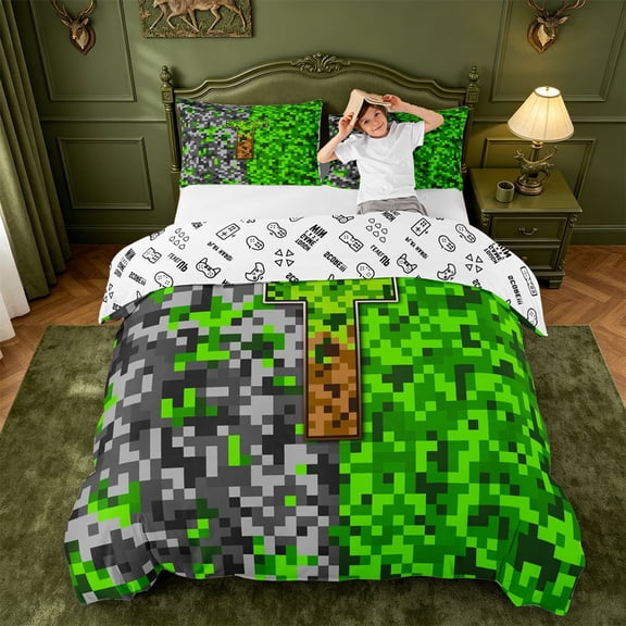 meiyoeat Vintage Game Pixel Print Bedding For Boys,Initial Letter T Monogram Duvet Cover Full,Reversible,3 Pieces,1 Duvet Cover and 2 Pillowcases