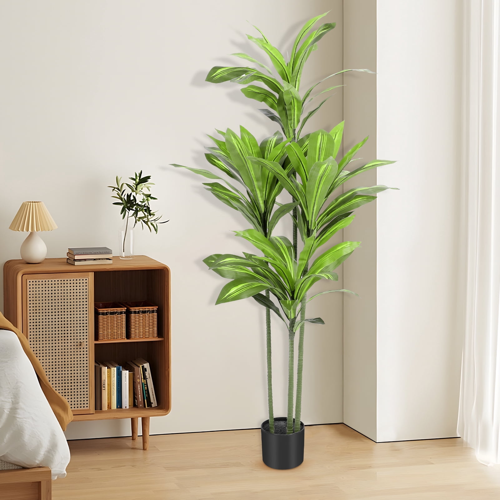 Artificial Plants, 5ft Dracaena Tree In Black Plastic Pot, Faux Plants Indoor Outdoor Decor, Silk Plants For Home Decor Office Porch Patio Perfect Housewarming Gift