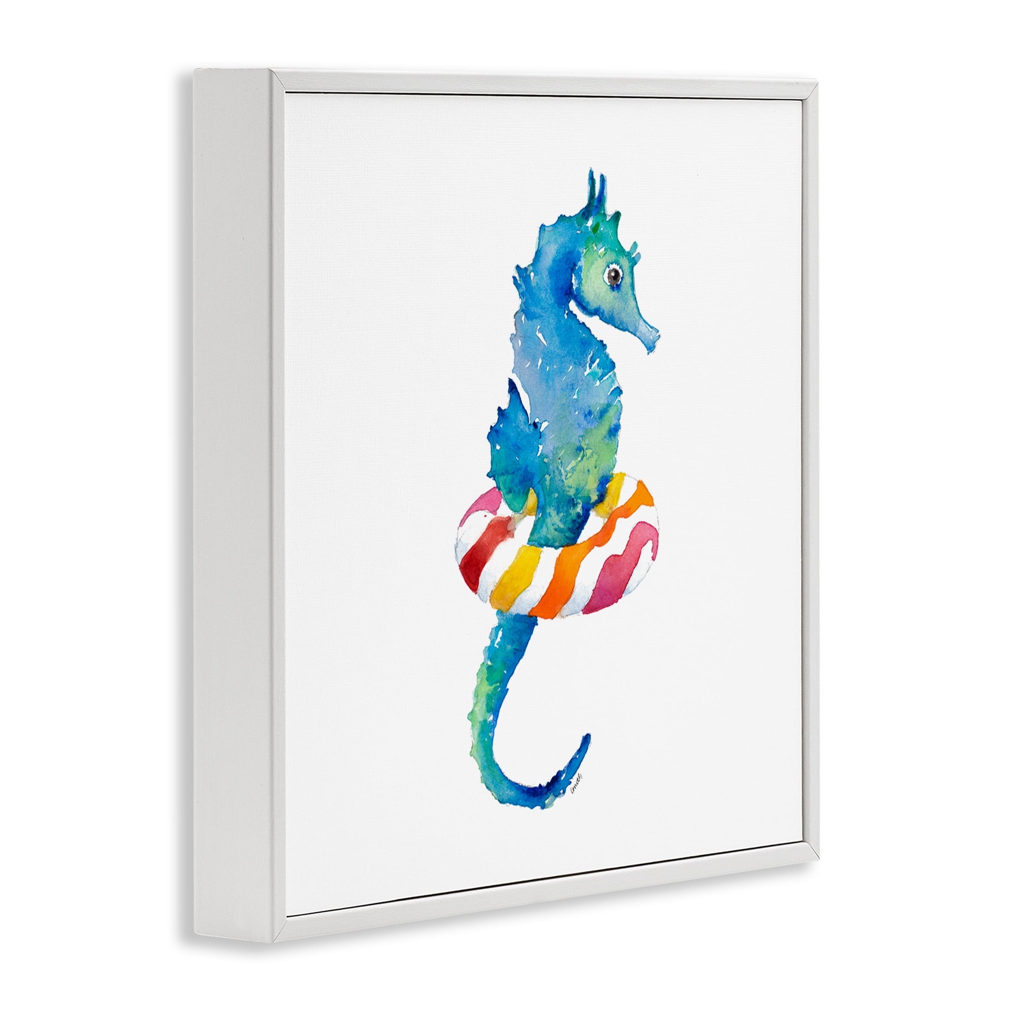 Stupell Industries Summer Float Seahorse Novelty Painting White Framed Art Print Wall Art, 12 x 12