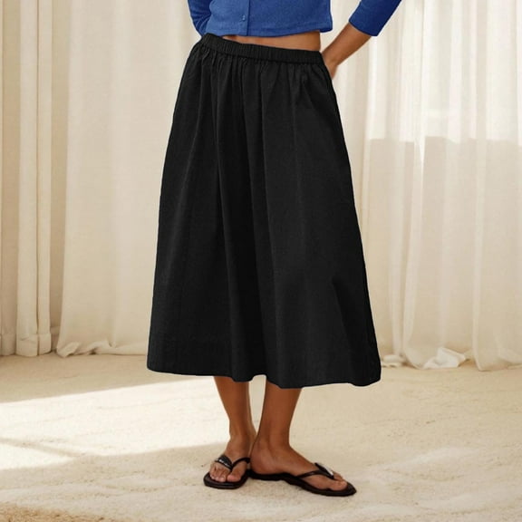 Sevevn Fashion Women Solid High Waisted Midi Skirt A-Line Summer Elastic Waist Skirts Sales Today Clearance Black XL