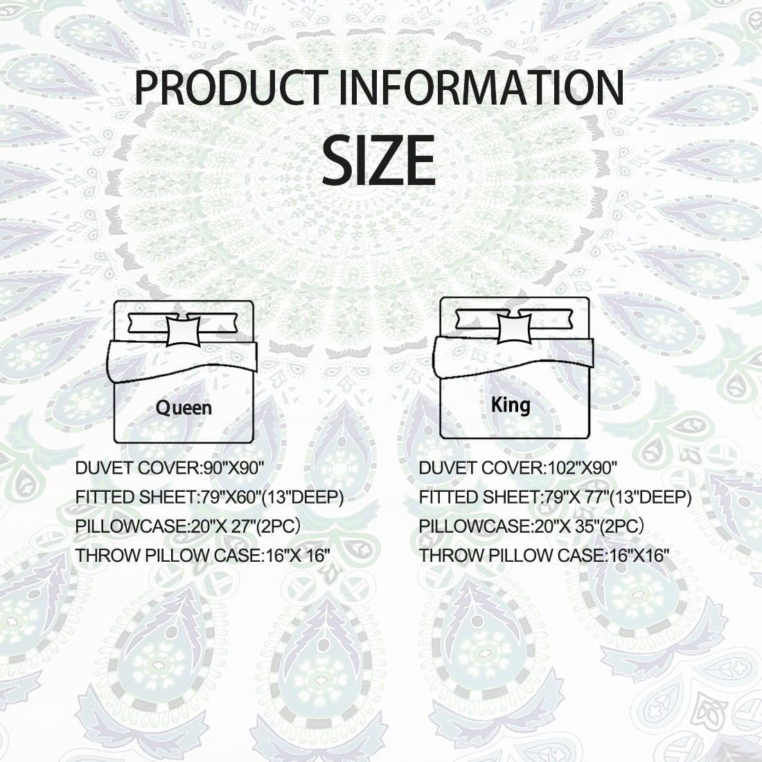 5-piece Bohemian Duvet Cover Polyester Bedding Set White and Green Queen