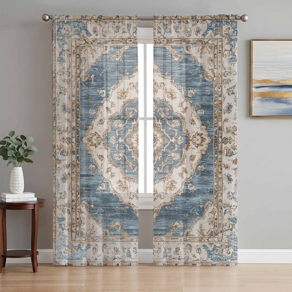 Sheer Curtains 108 Inches Long, Boho Blue Light Filtering Window Curtains for Living Room, Retro Tribal Traditional Distressed Printed Rod Pocket Voile Sheer Curtain Drapes, 52"W x 108"L, 2 Panels