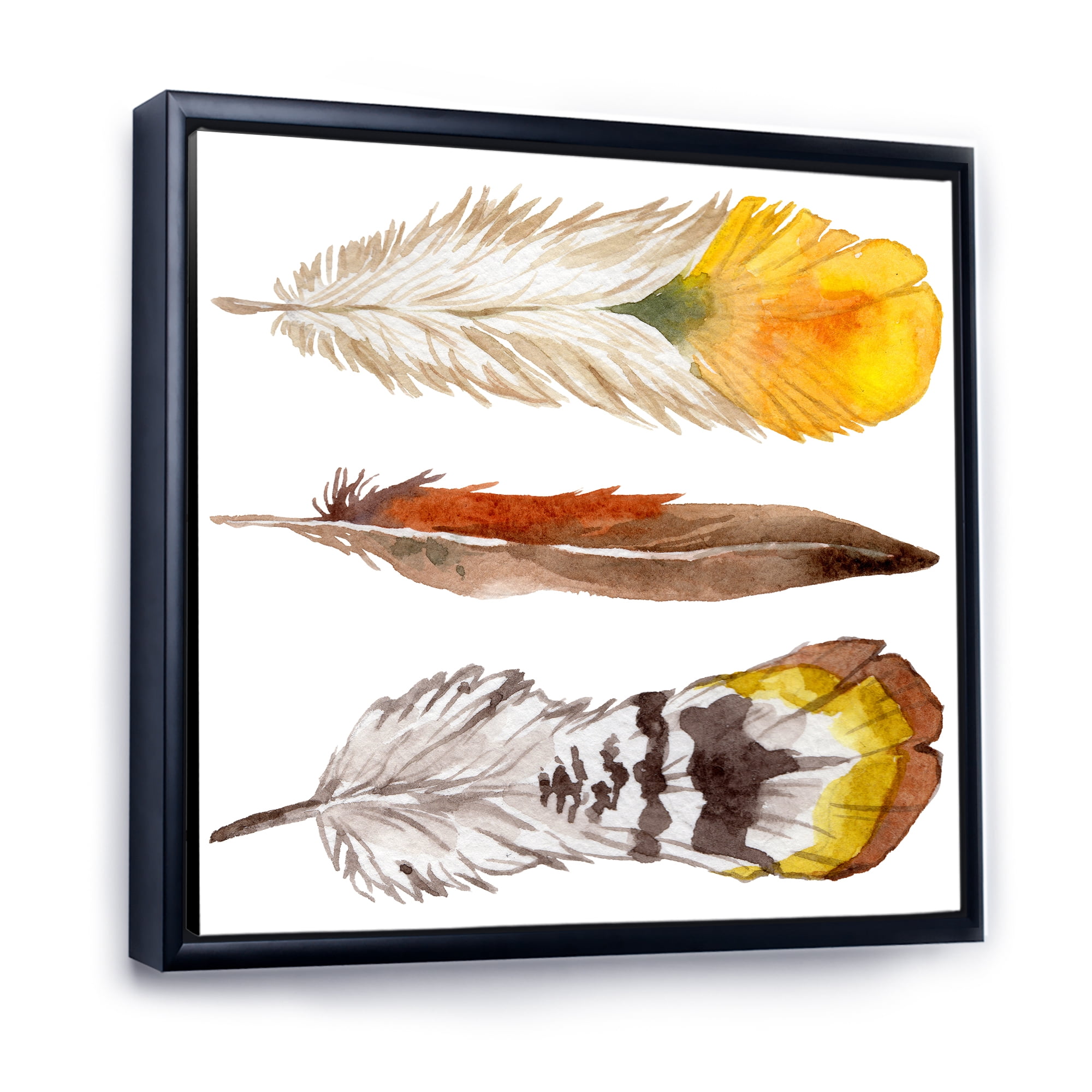 Designart 'Ethnic Yellow Feather From Wing On White' Bohemian & Eclectic Framed Canvas Wall Art Print
