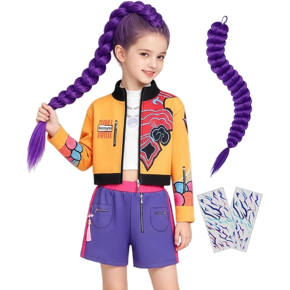 Pop Singer Halloween Cosplay Costume Outfit, Sparkling Stage Performance Clothes with Purple Braid Hair Extension and Accessories
