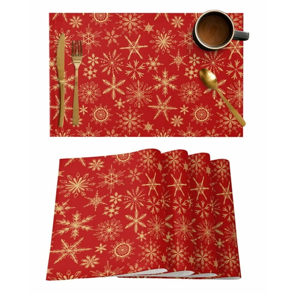 Winter Snowflake Placemats Set of 8 Christmas Red Background Modern Heat Insulation Washable Place Mats, Rustic Non-Slip Table Mats for Dining Table Party Kitchen Decor,13x19 Inch