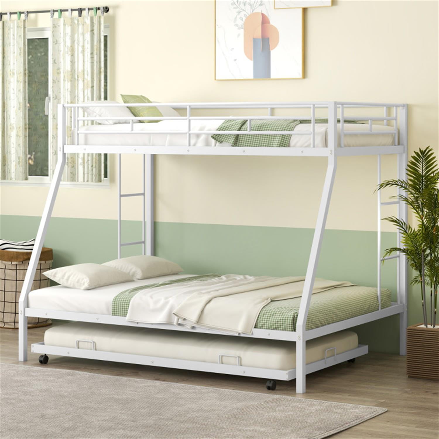 Demi Bonn Twin Pull-Out Bunk Beds with Ladder in the Steps and a Trundle for Guest Room, Full Convertible Bunk Bed Platform, White