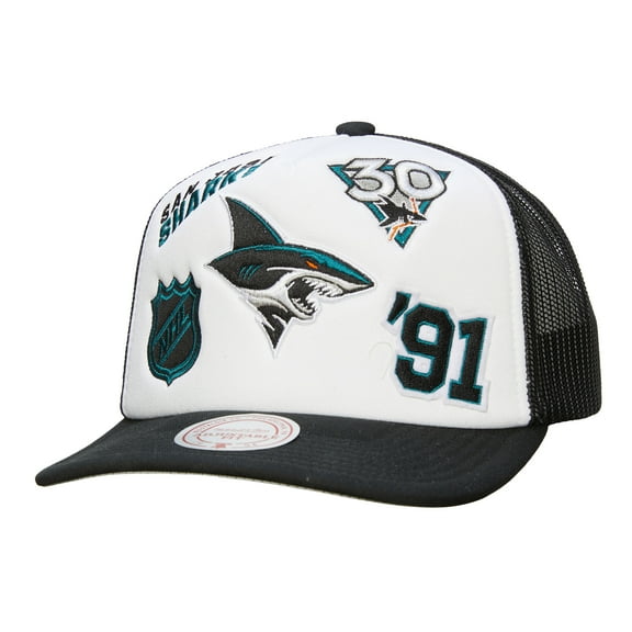 Men's Mitchell & Ness White/Black San Jose Sharks Gridlock Trucker Adjustable Hat