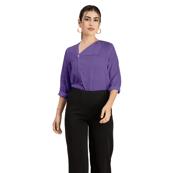 Moomaya Womens Diagonal Collar Solid Top, Long Sleeves Stylish Formal Top