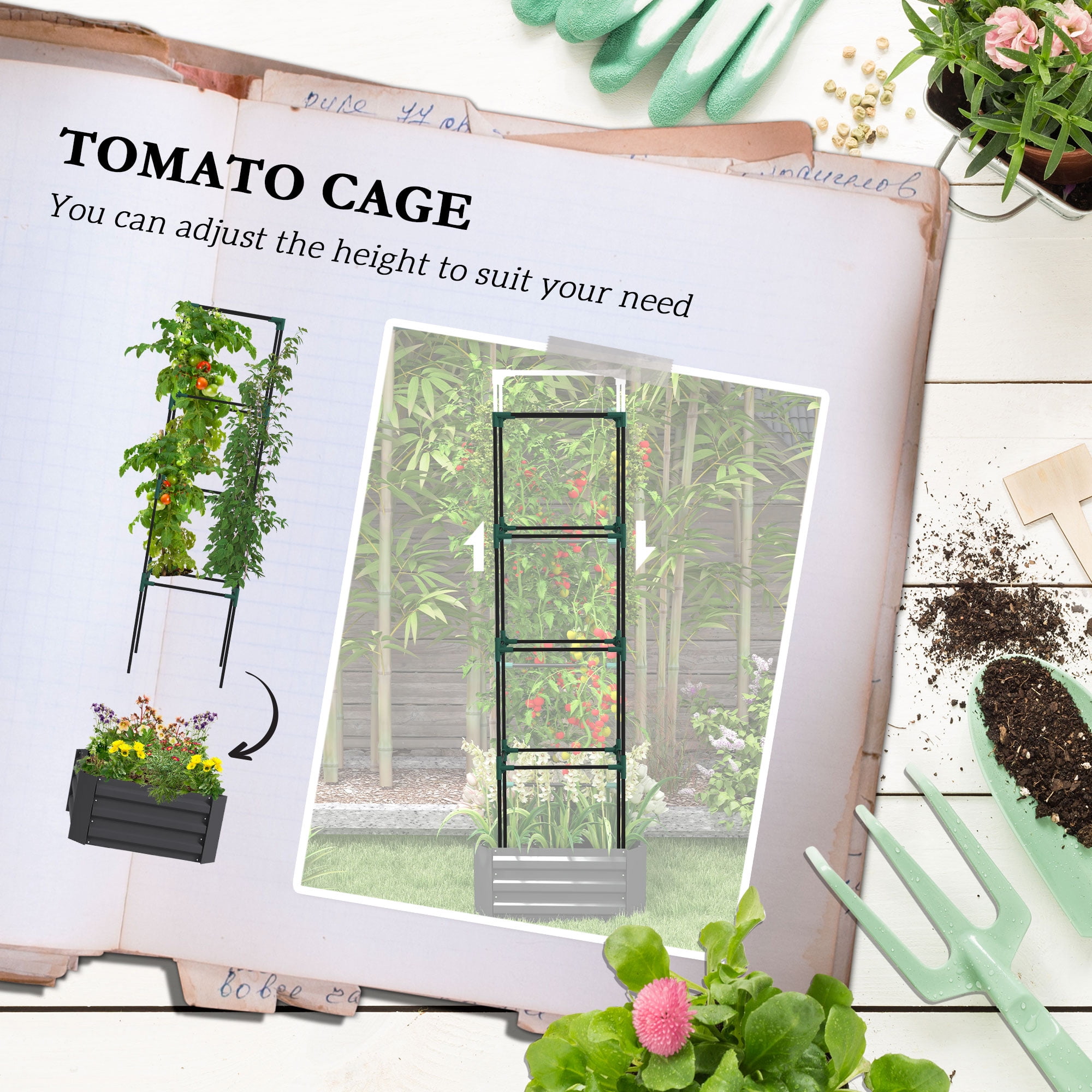Galvanized Raised Garden Bed, Outdoor Planter Box with Trellis Tomato Cage and Open Bottom for Climbing Vines, Vegetables, Flowers in Backyard, Garden, Patio, Gray 24" x 24" x 11.75"