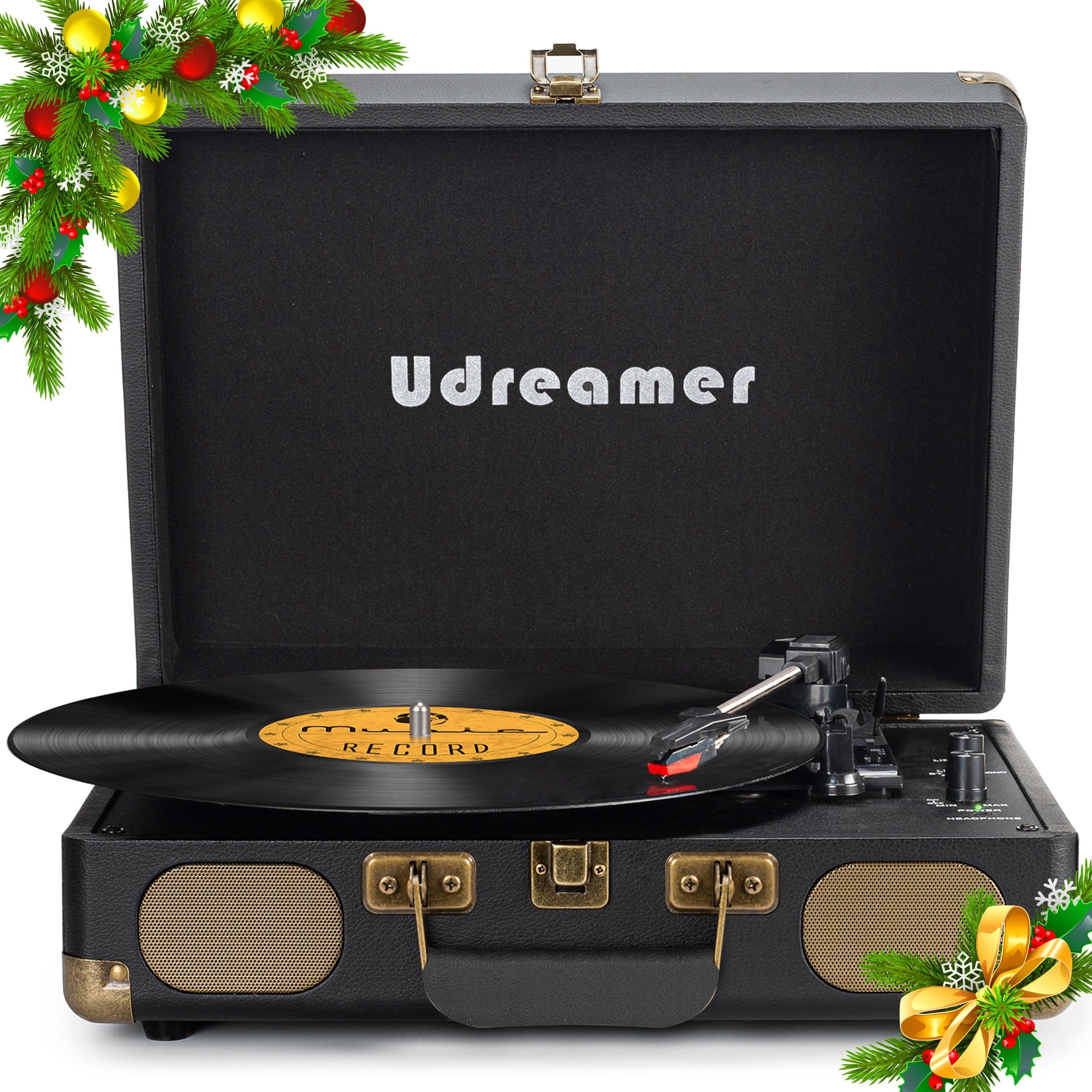 Udreamer Vinyl Record Player with Speakers,Turntables for vinyl records,Portable Suitcase Vinyl Player (tocadiscos de vinilo),Black
