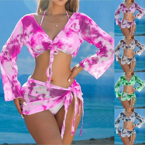 UTSJKR Fashion 2025 Tie Dye Bathing Suits Women 4 Piece Brazilian Bikini Sets Self-Tie Crop Cardigan Skirt Coverup Swimsuits Black M
