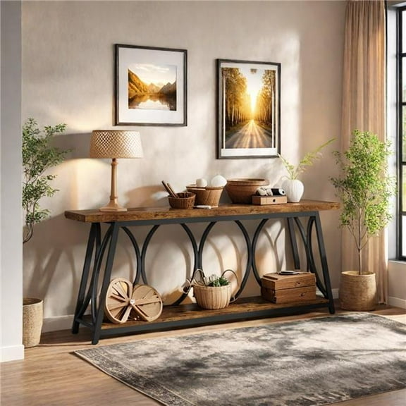 Emoottoo TG-F1787 70.9 in. Narrow Behind Couch Extra Long Industrial Console Table with 2-Tier Storage Shelves - Rustic Brown with Black Metal Frame