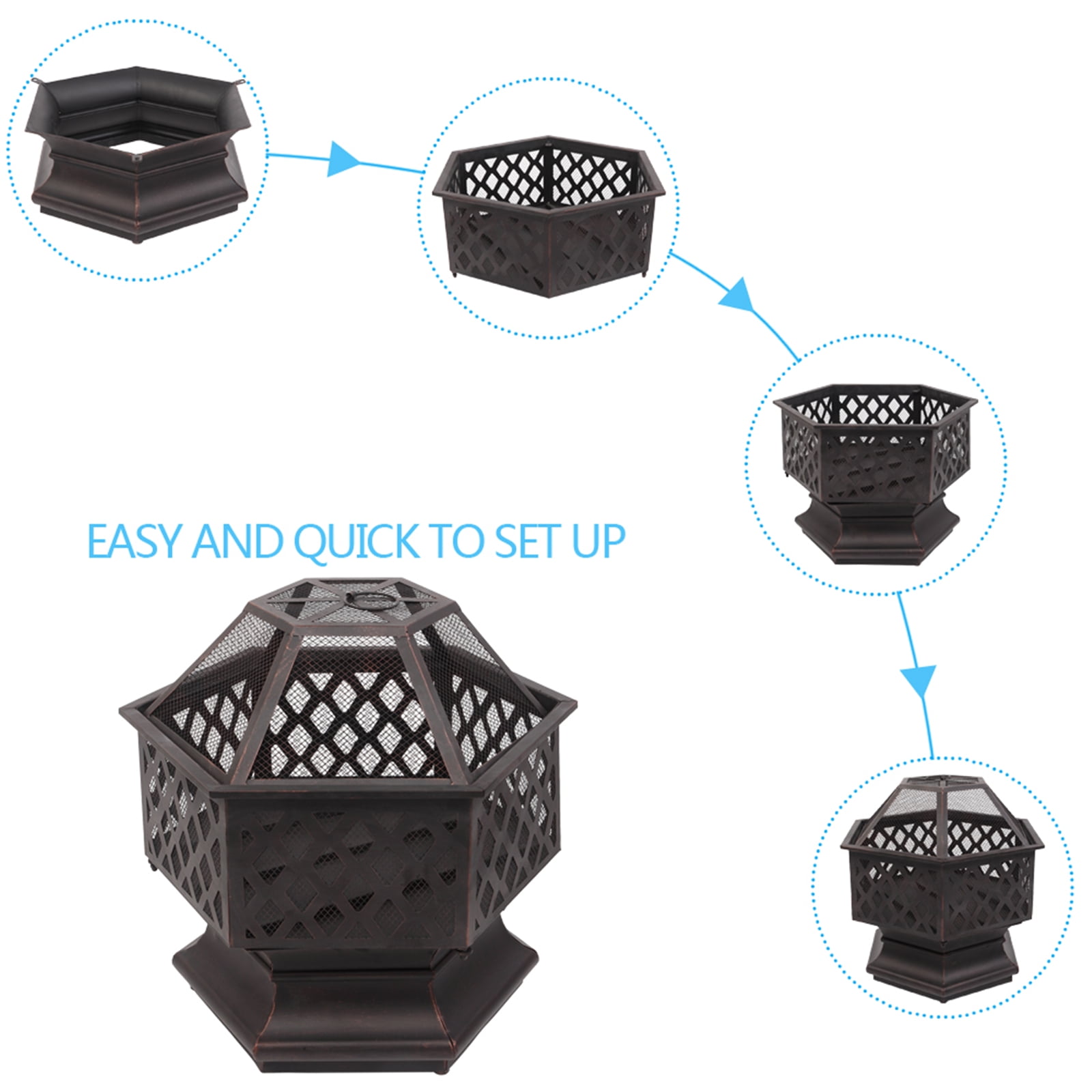 22" Hexagonal Iron Brazier, Deep Fire Pit with Spark Guard, Heat-Resistant Paint, Lightweight for Yard,Poolside,Backyard, Distressed Bronze