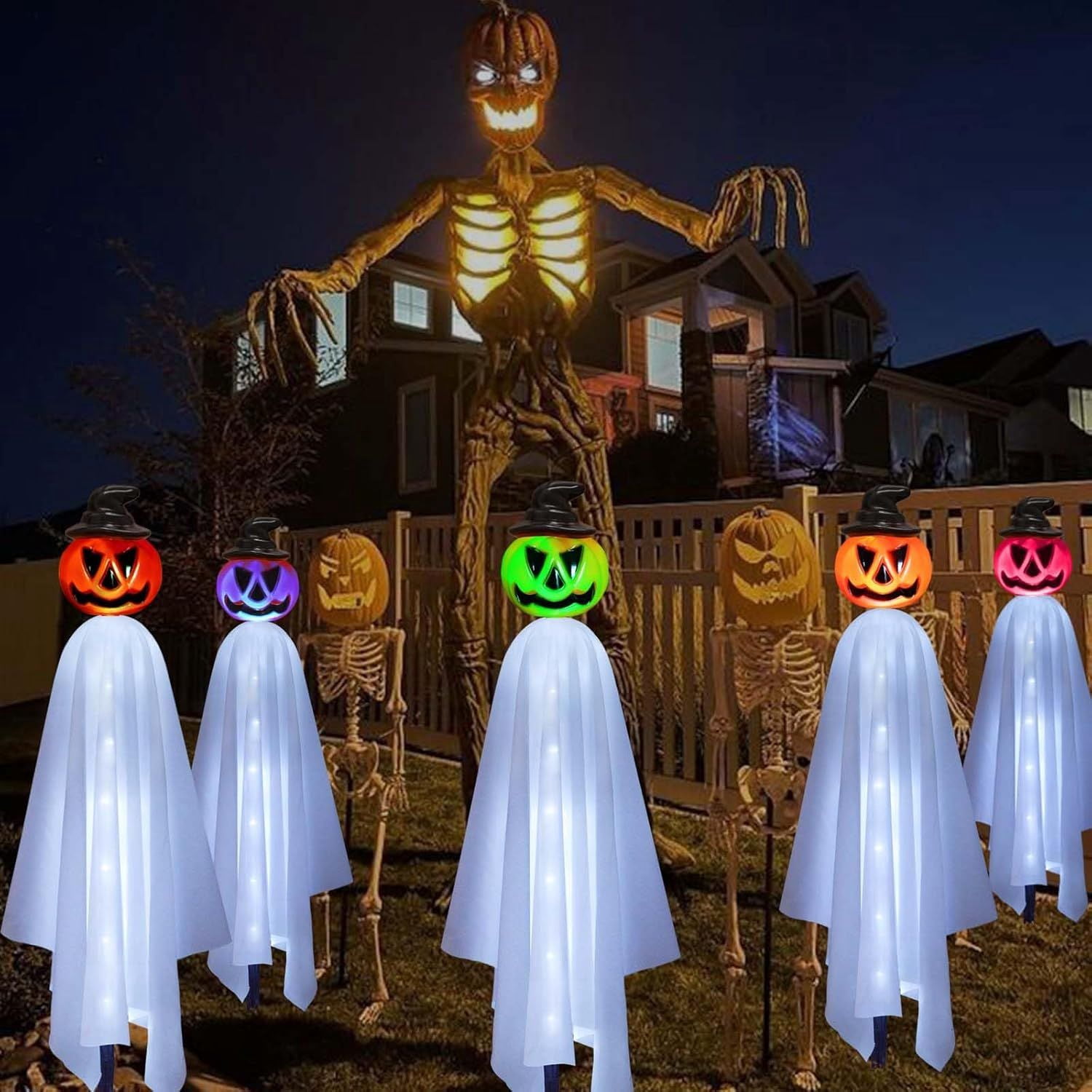 Solar Powered Pumpkin Ghost Lights for Halloween Outdoor Yard Decor