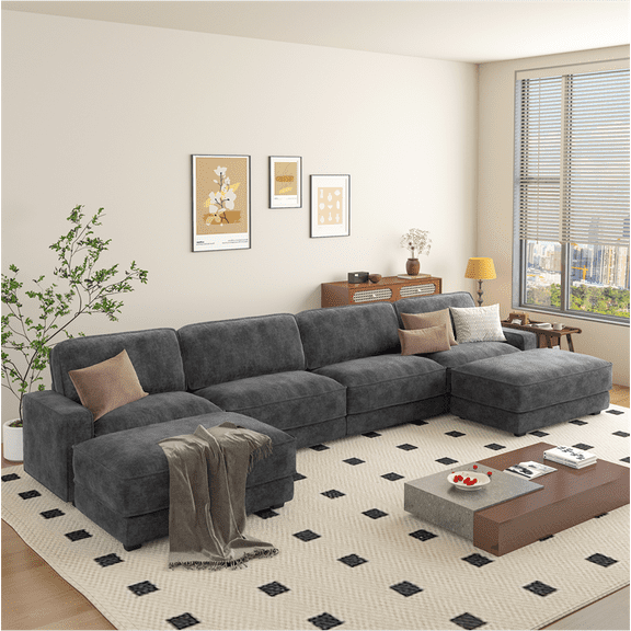 160" Oversized 6-Seat U-Shaped Modular Sectional Sofa, Gray Chenille Couch with 2 Pillows and 2 Removable Movable Ottomans for Living Room Furniture