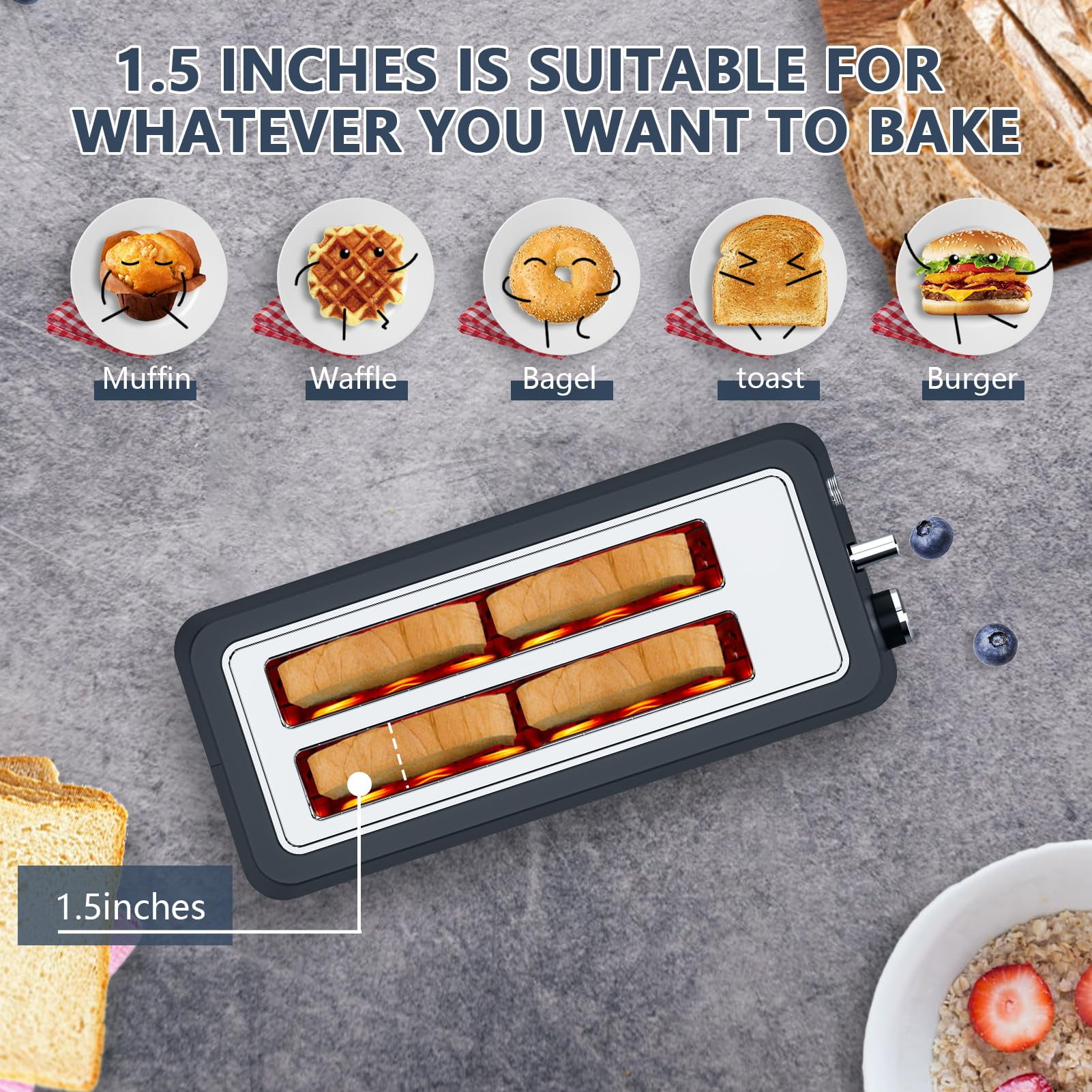 4-Slice Toaster, Extra Wide Long Slot Toaster, 6 Browning Settings, Bagel/Defrost/Reheat Functions, Removable Crumb Tray, Stainless Steel Housing 1350W, Black