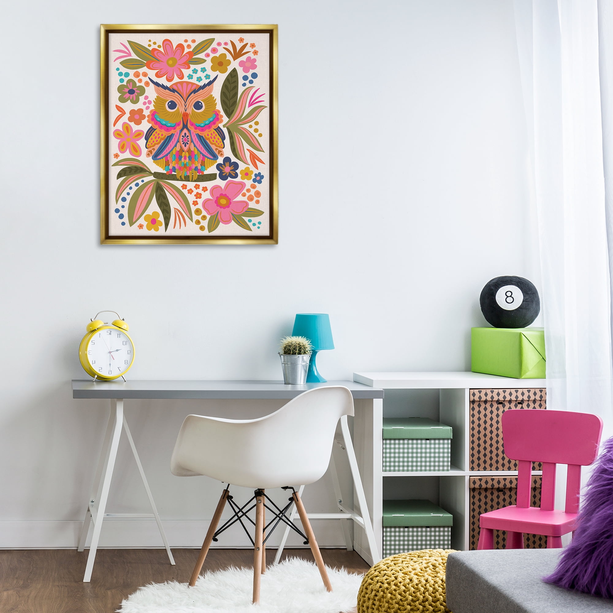 Stupell Industries Eclectic Owl & Flowers Animals Painting Gold Floater Framed Canvas Art Print Wall Art, 25 x 31