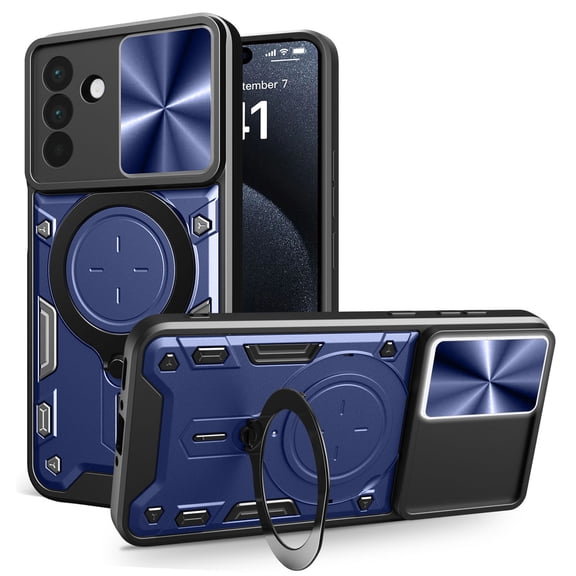 Heavy Duty Case for Samsung Galaxy S26, Camera Lens Sliding Cover with Hidden Bracket Magnetic Car Mount Holder, Rugged Military Grade Shockproof Lens Protection Case, Blue