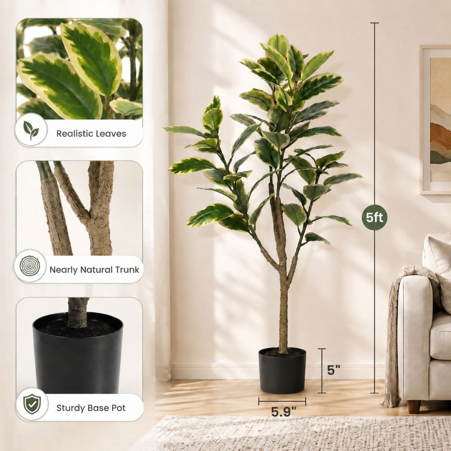 Easy4Home 5FT Artificial Variegated Rubber Plant Faux Ficus Elastica Tineke Tree Potted Indoor Floor Plant - Simple Assembly Needed