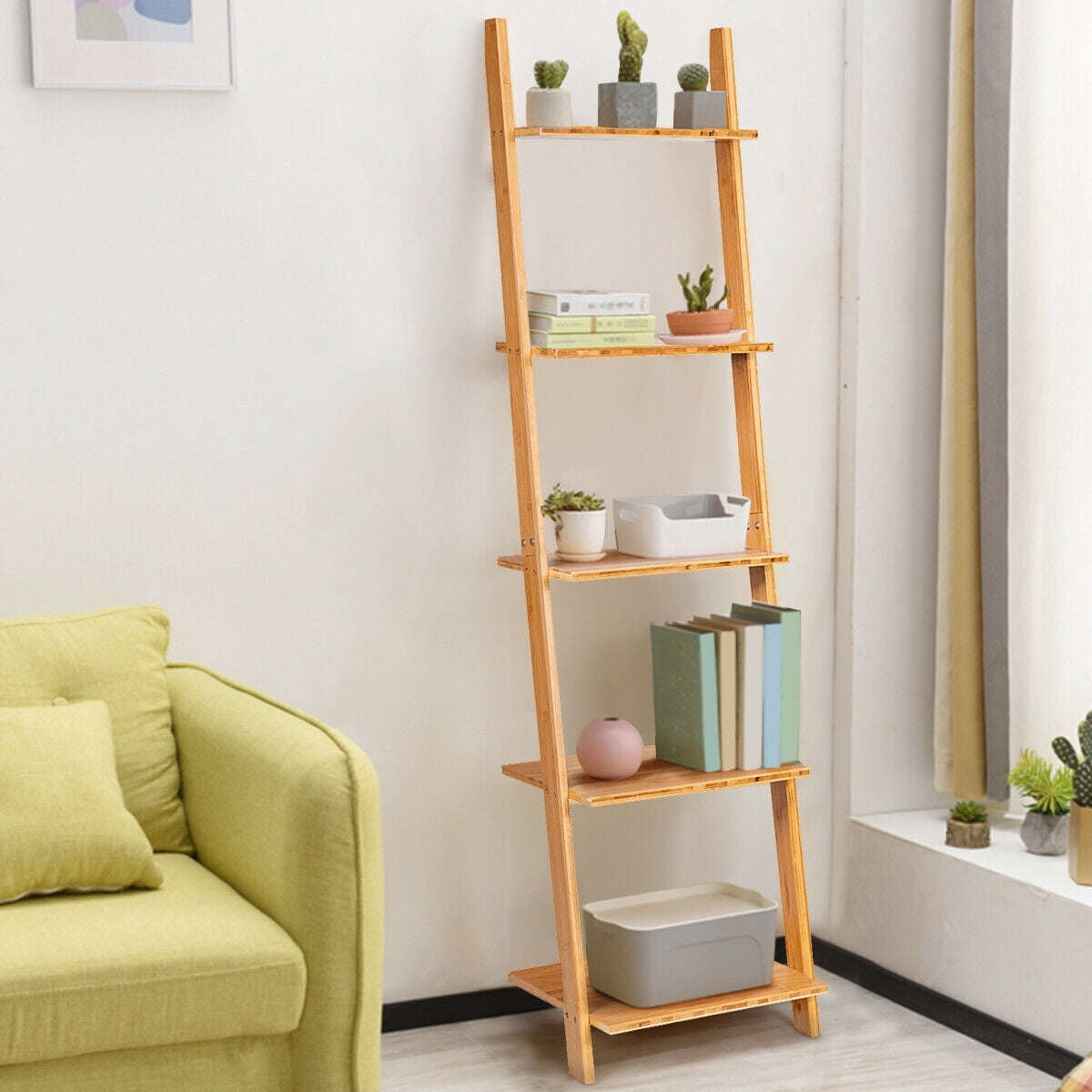Gymax 5-Tier Ladder Shelf Modern Ladder Bookcase Open Display Bamboo Leaning Bookshelf
