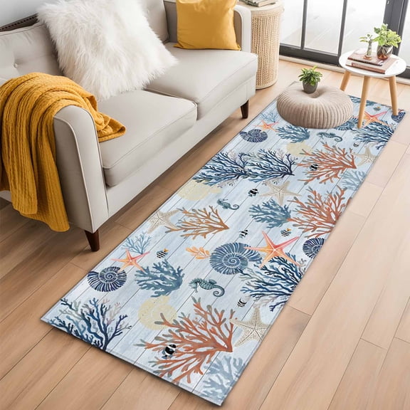 Blue Coastal 2'x6' Runner Rugs for Hallway Kitchen Bedside Non Slip Washable, Coral Shell Starfish Seahorse Summer Beach Entryway Rug Runners with Rubber Backing, Long Carpet Runner for Laundry Room