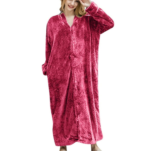 AherBiu Women's Robes Zipper Front Plush Long Bathrobe Fleece Soft Warm Winter Robe Housecoat Loungewear